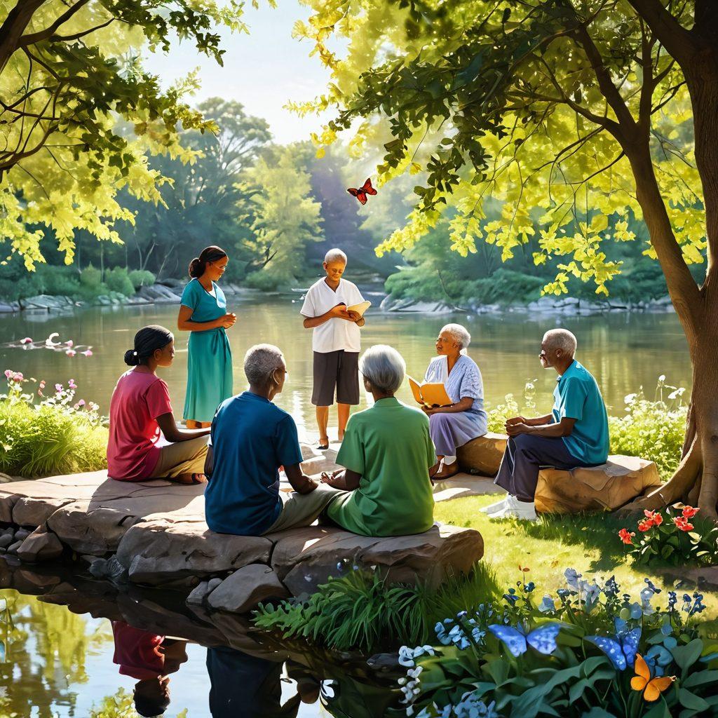 A serene and uplifting scene depicting a diverse group of patients and caregivers in a sunlit park, sharing stories and support. Include elements of hope such as blooming flowers and butterflies, symbolizing growth and healing. In the background, a gentle river flows, representing the journey from diagnosis to survivorship. The characters should exhibit a range of emotions, from reflection to joy. super-realistic. vibrant colors. emotional depth.