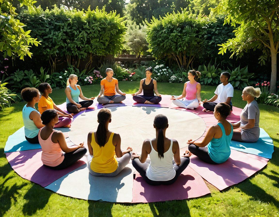 A serene scene featuring a diverse group of individuals engaged in a support circle under a soft sunlight, each sharing stories with expressions of hope and resilience. In the background, a lush garden with colorful flowers symbolizes renewal and strength. Incorporate symbols of wellness like yoga mats, healthy foods, and a subtle cancer awareness ribbon in vibrant colors. soothing and uplifting. 3D. natural lighting.