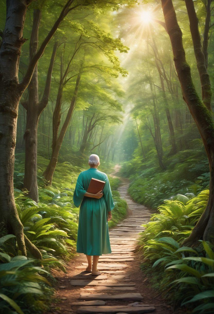 A serene pathway winding through a lush, green forest symbolizing the journey of cancer patients and caregivers. Alongside the path, diverse resources such as books, hands holding supportive symbols, and gentle light filtering through the trees, highlighting hope and guidance. In the foreground, a comforting figure embracing another, embodying solidarity and compassion. super-realistic. vibrant colors. soft lighting.